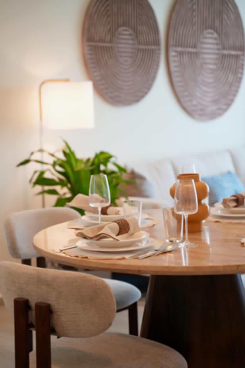 Dining table styled with linens, glassware, woven wall art and floor lamp
