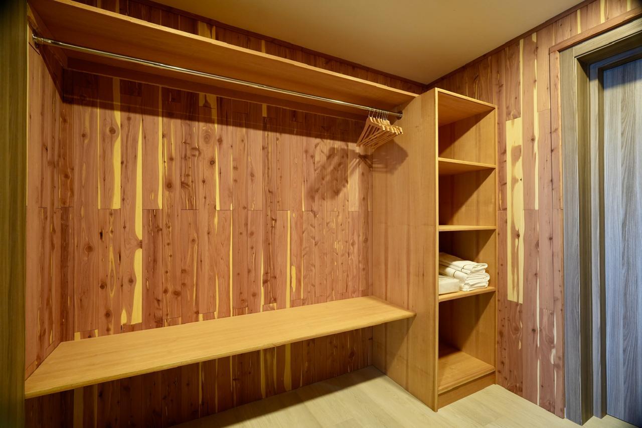 Cedar-lined walk-in closet with hanging rod and built-in shelving