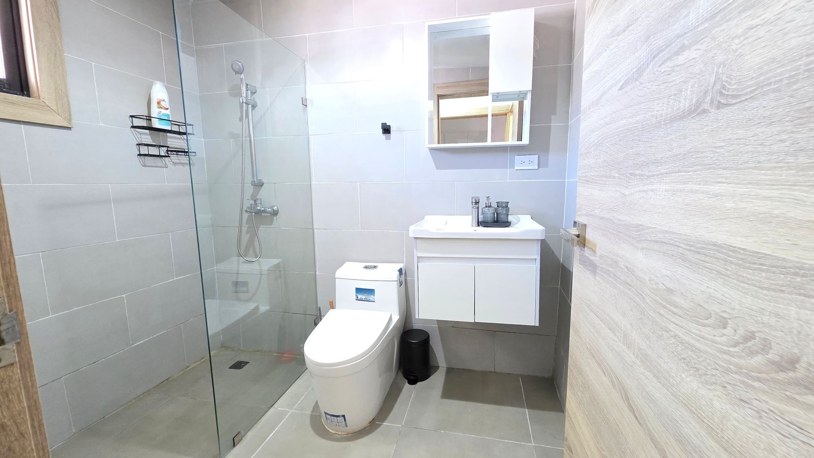 Modern bathroom with glass walk-in shower