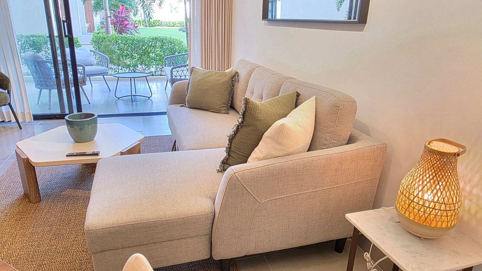 Comfortable sectional sofa with terrace view