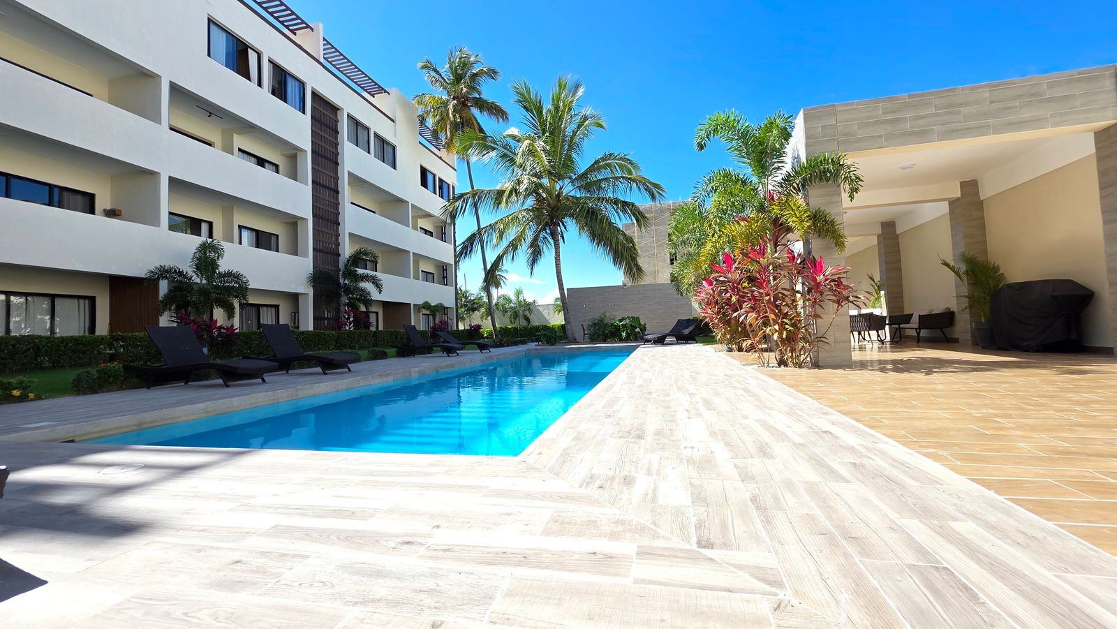 Pool with palm trees and modern buildings