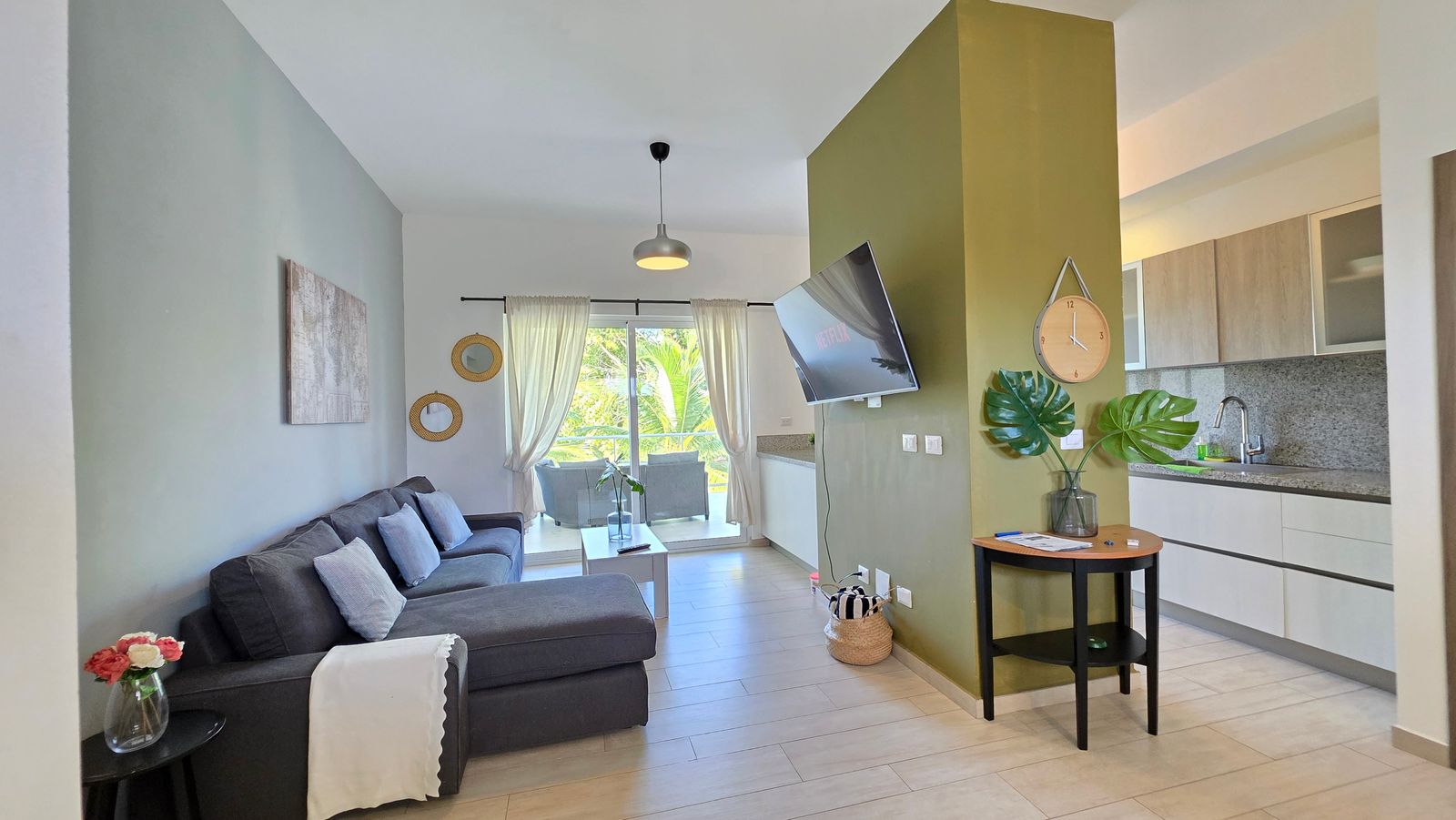 Dining area with kitchen and living room view